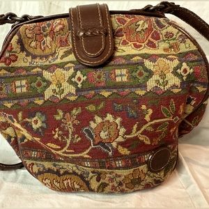 Vintage Liz Claiborne Tapestry Bag with Genuine Leather Strap and Trim